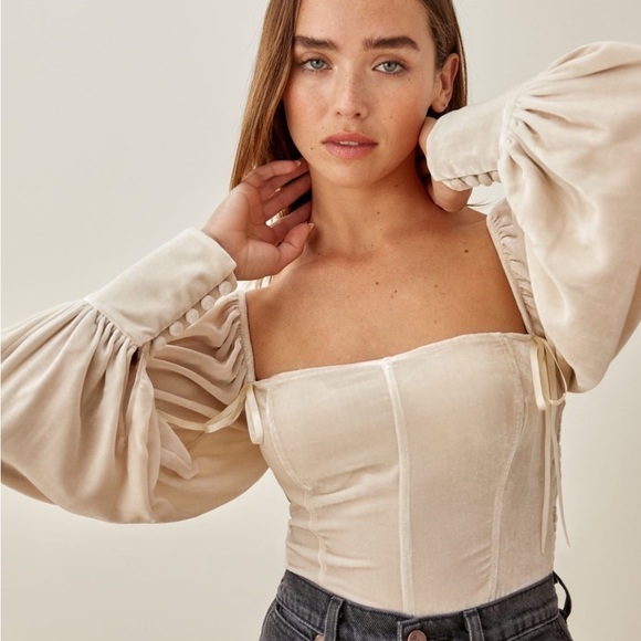 Reformation Tops - Reformation Julietta Cream Square-Neck Puff-Sleeve Velvet Corset Top